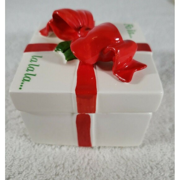 Fitz and Floyd Christmas Trinket Gift Box Bow Fa La La La La Red Green Vintage - Picture 3 of 9
